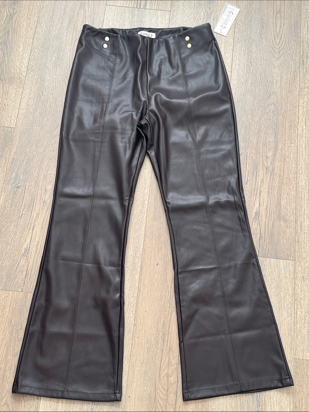 Nanette Lepore Chocolate Faux-Leather Flare Pants with Gold Buttons